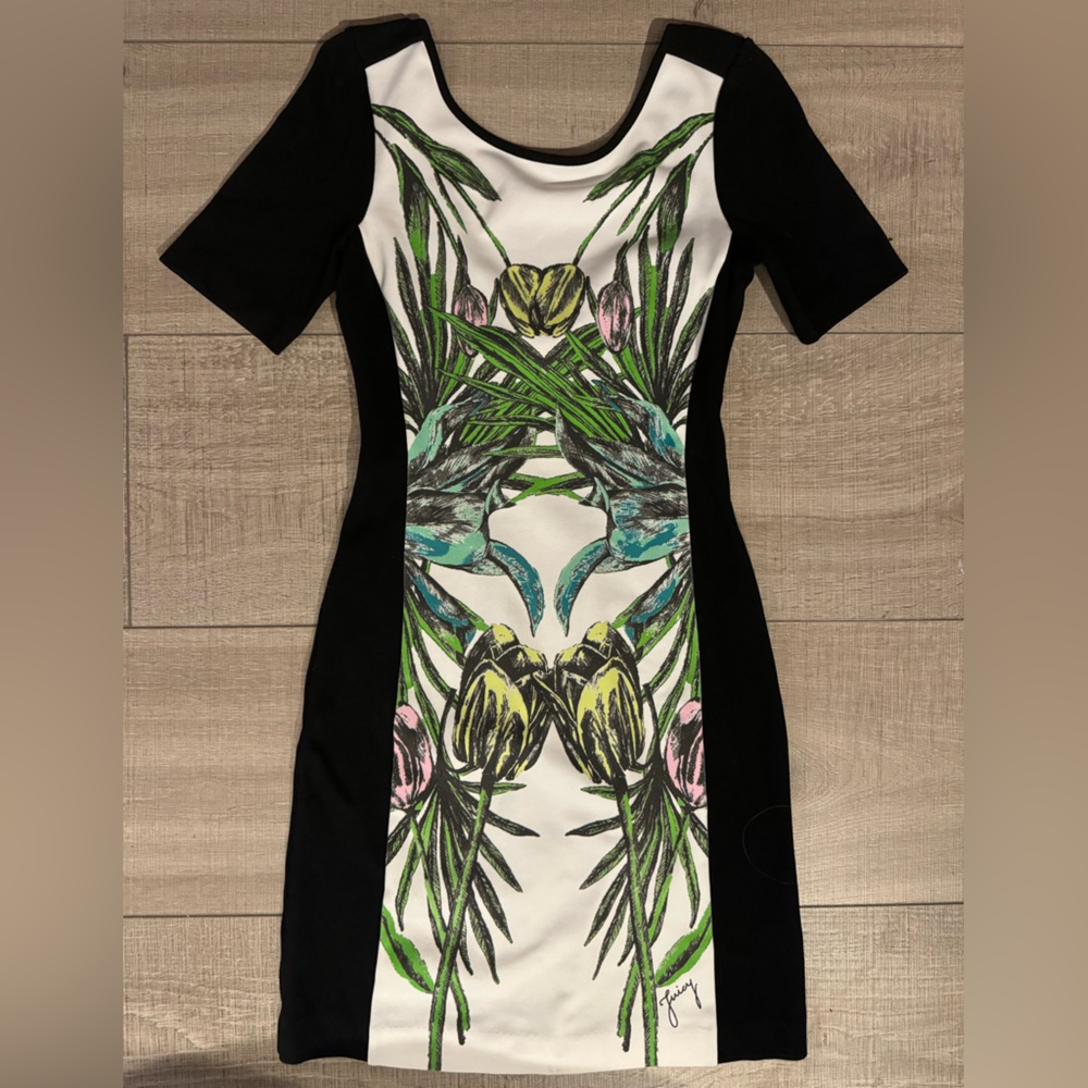 Juicy Couture Mirrored Floral Ponte Dress in Pitch Black